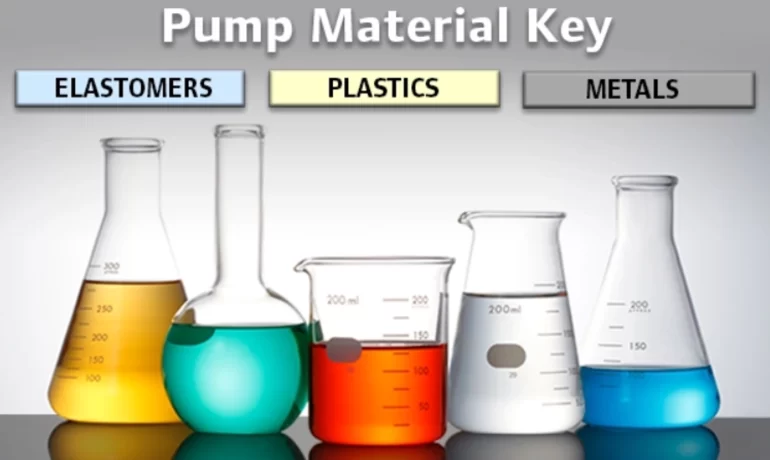 Diagrama técnico de bomba industrial com identificação dos materiais internos.